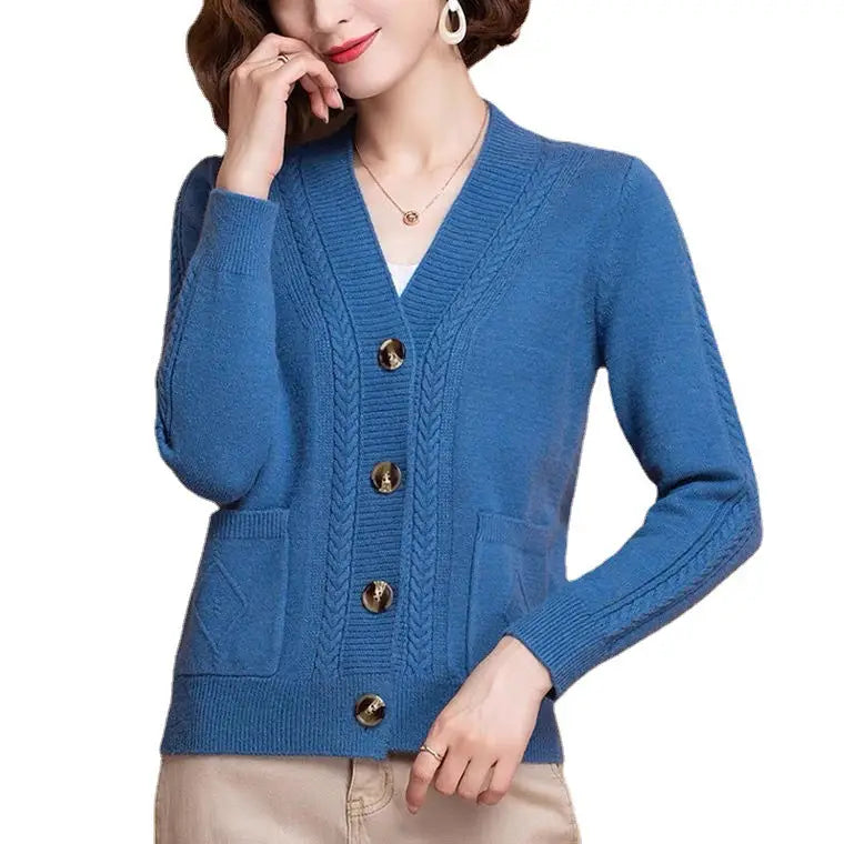 Women Knitted Cardigan Brown Button Autumn Style