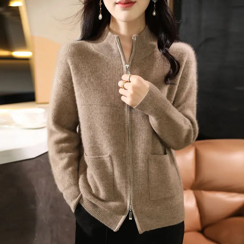 Women Half Turtleneck Zip Cardigan Winter Knit Loose Fit