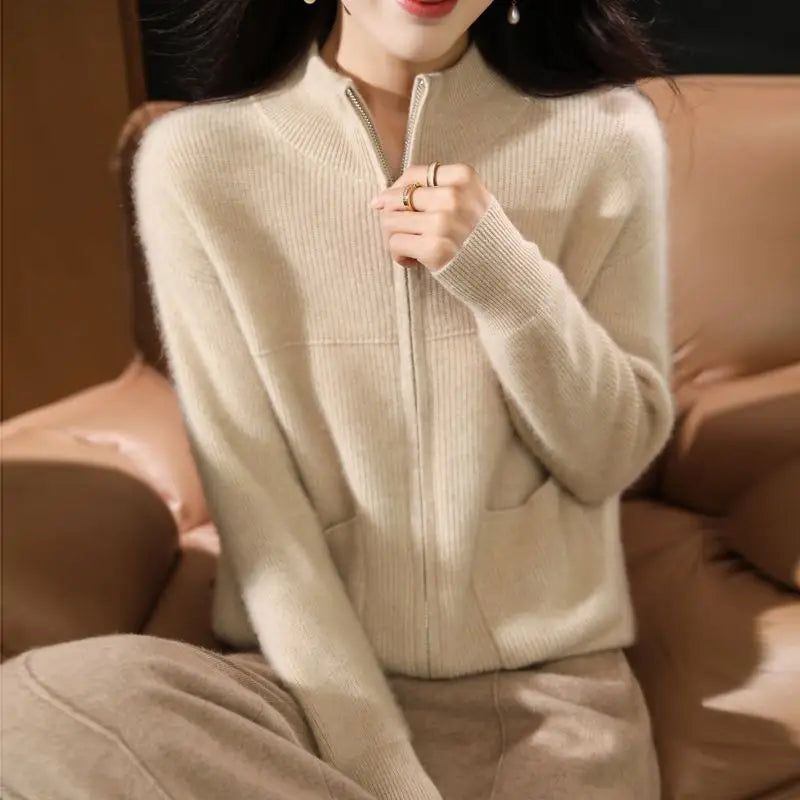 Women Half Turtleneck Zip Cardigan Winter Knit Loose Fit