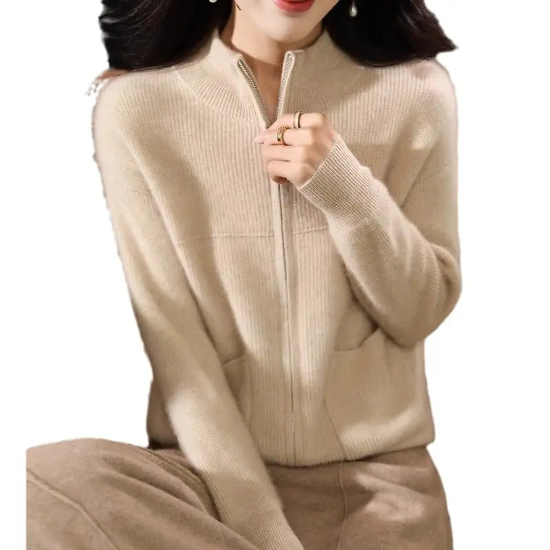Women Half Turtleneck Zip Cardigan Winter Knit Loose Fit