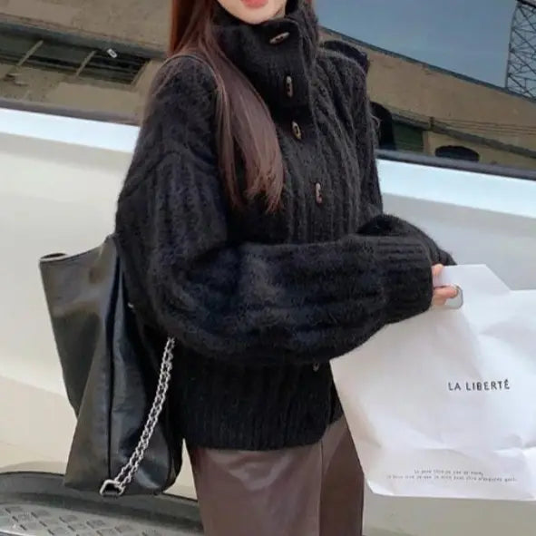 Women's Loose Turtleneck Sweater Winter Warm Trendy Brown