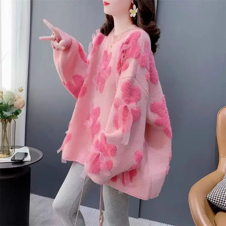 Winter Korean Style Floral Knit Pullover for Women