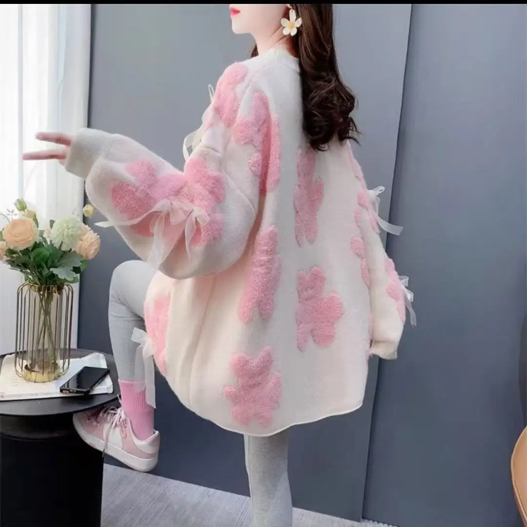 Winter Korean Style Floral Knit Pullover for Women