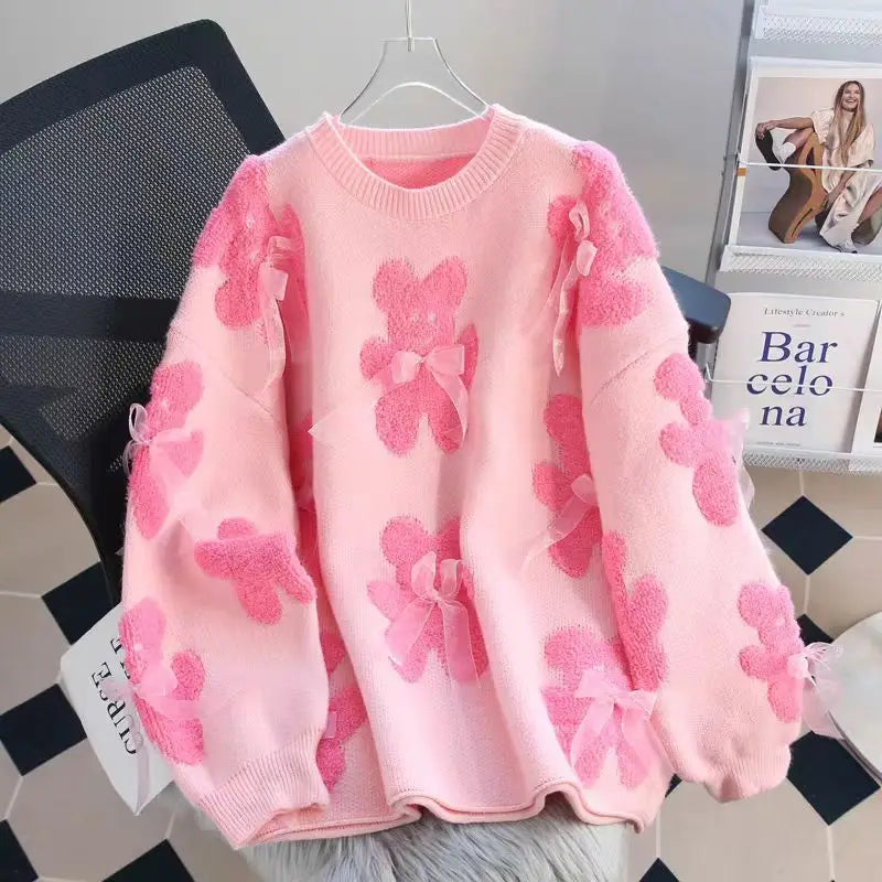 Winter Korean Style Floral Knit Pullover for Women