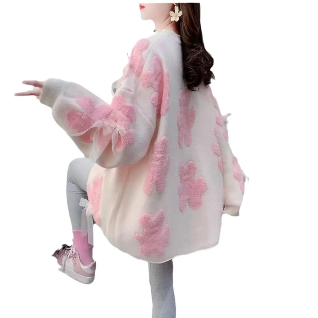 Winter Korean Style Floral Knit Pullover for Women