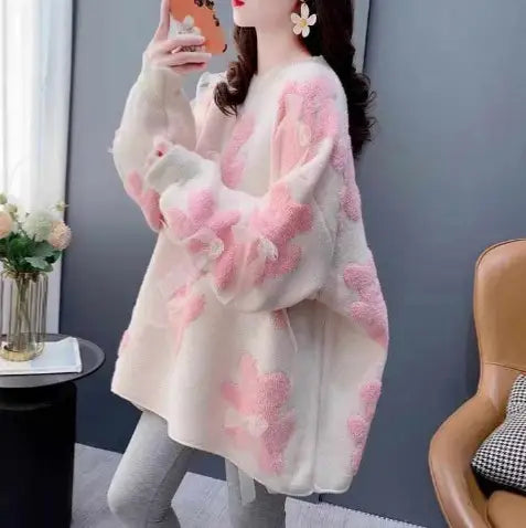 Winter Korean Style Floral Knit Pullover for Women