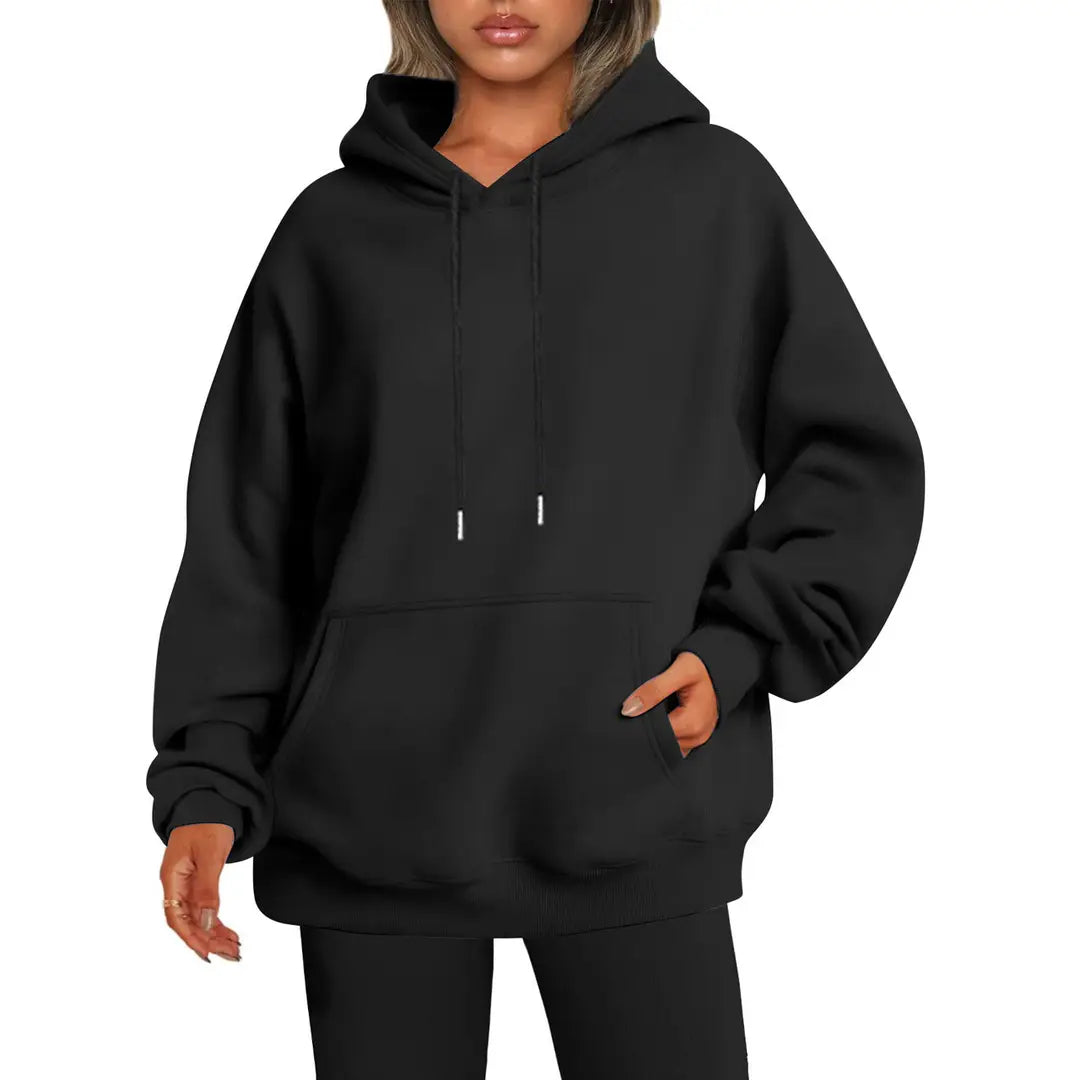 Women Plus Size Velvet Hoodie Black Drop Shoulder