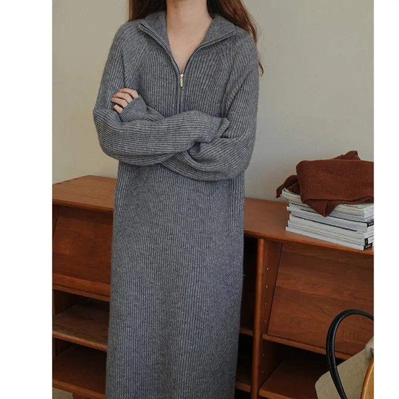 Women Knitted Half-Zip Sweater Dress Creamy White Loose Fit Winter