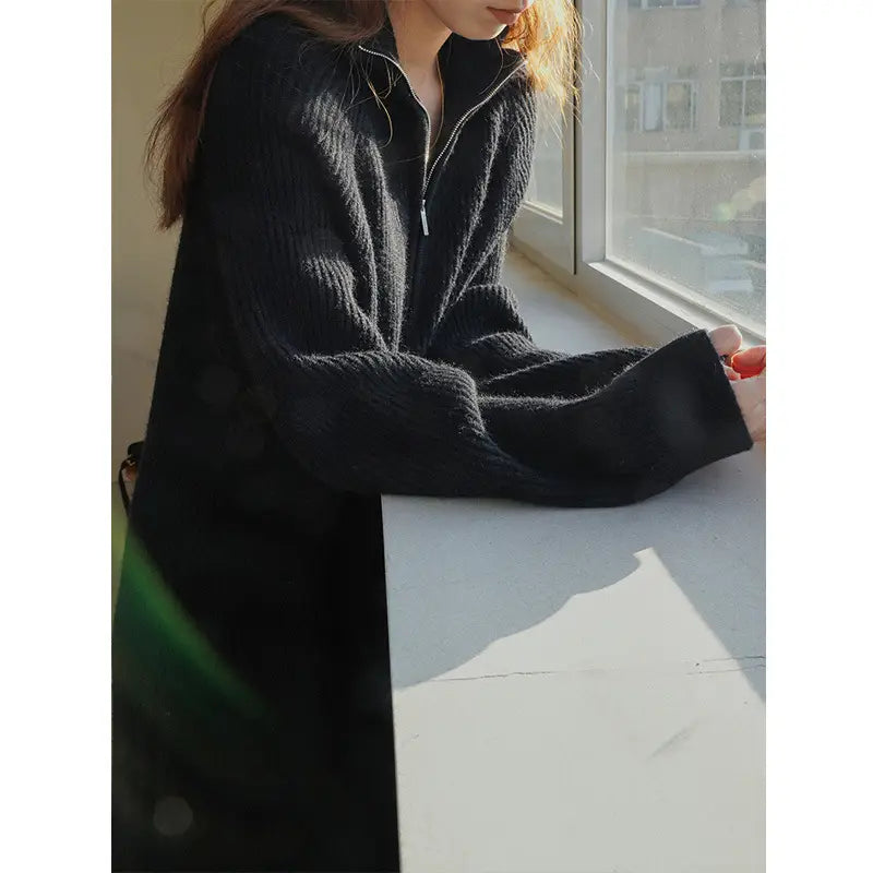 Women Knitted Half-Zip Sweater Dress Creamy White Loose Fit Winter