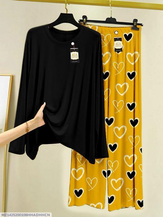 Black Printed Cotton Night Suit Set for Home Lounging