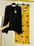 Black Printed Cotton Night Suit Set for Home Lounging