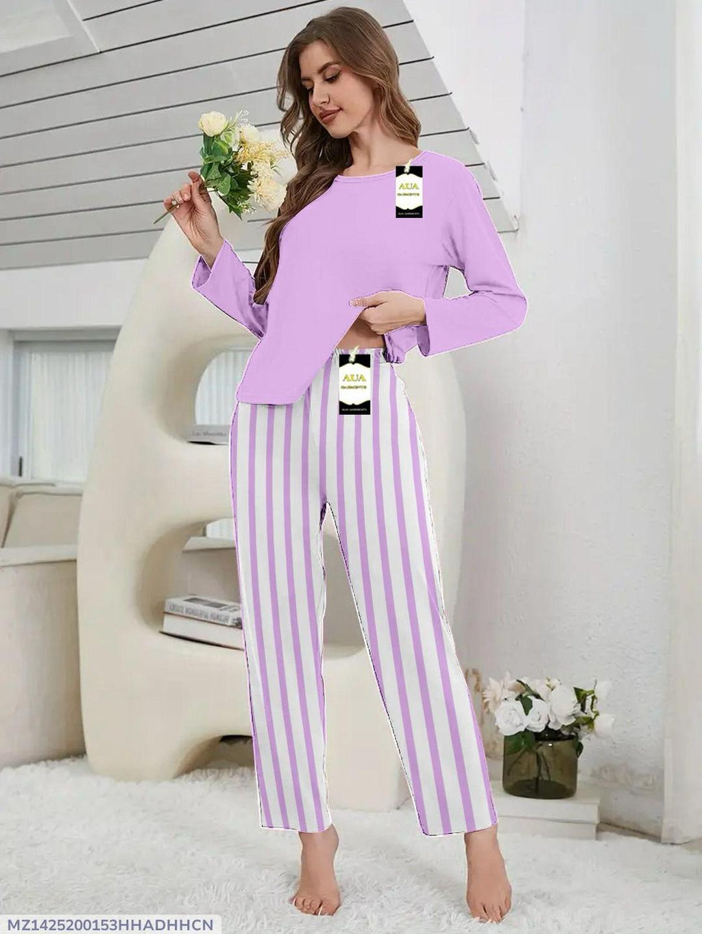 Premium Cotton Night Suit Purple White Striped 2Pc Set