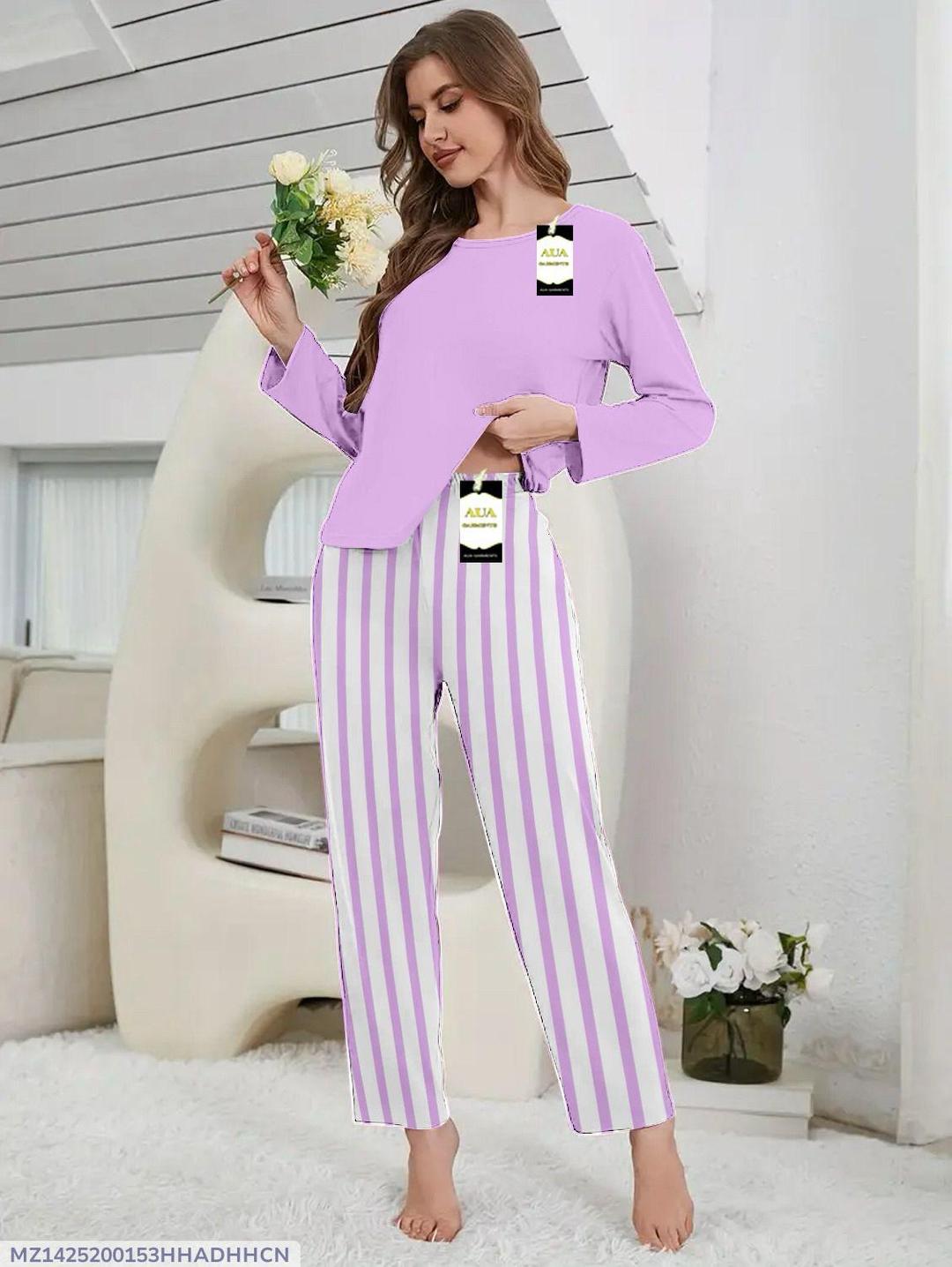 Premium Cotton Night Suit Purple White Striped 2Pc Set