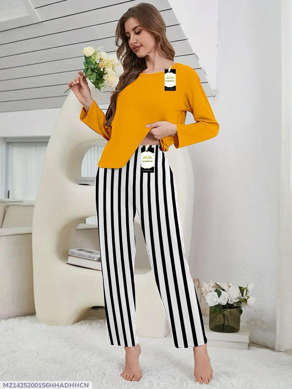 Premium Cotton Night Suit Yellow Black Striped Set