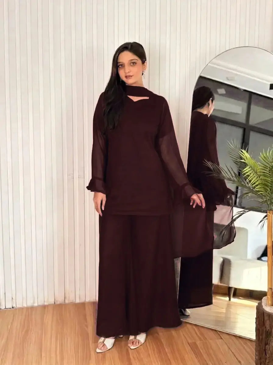 3 Pcs Women's Stitched Chiffon Plain Suit
