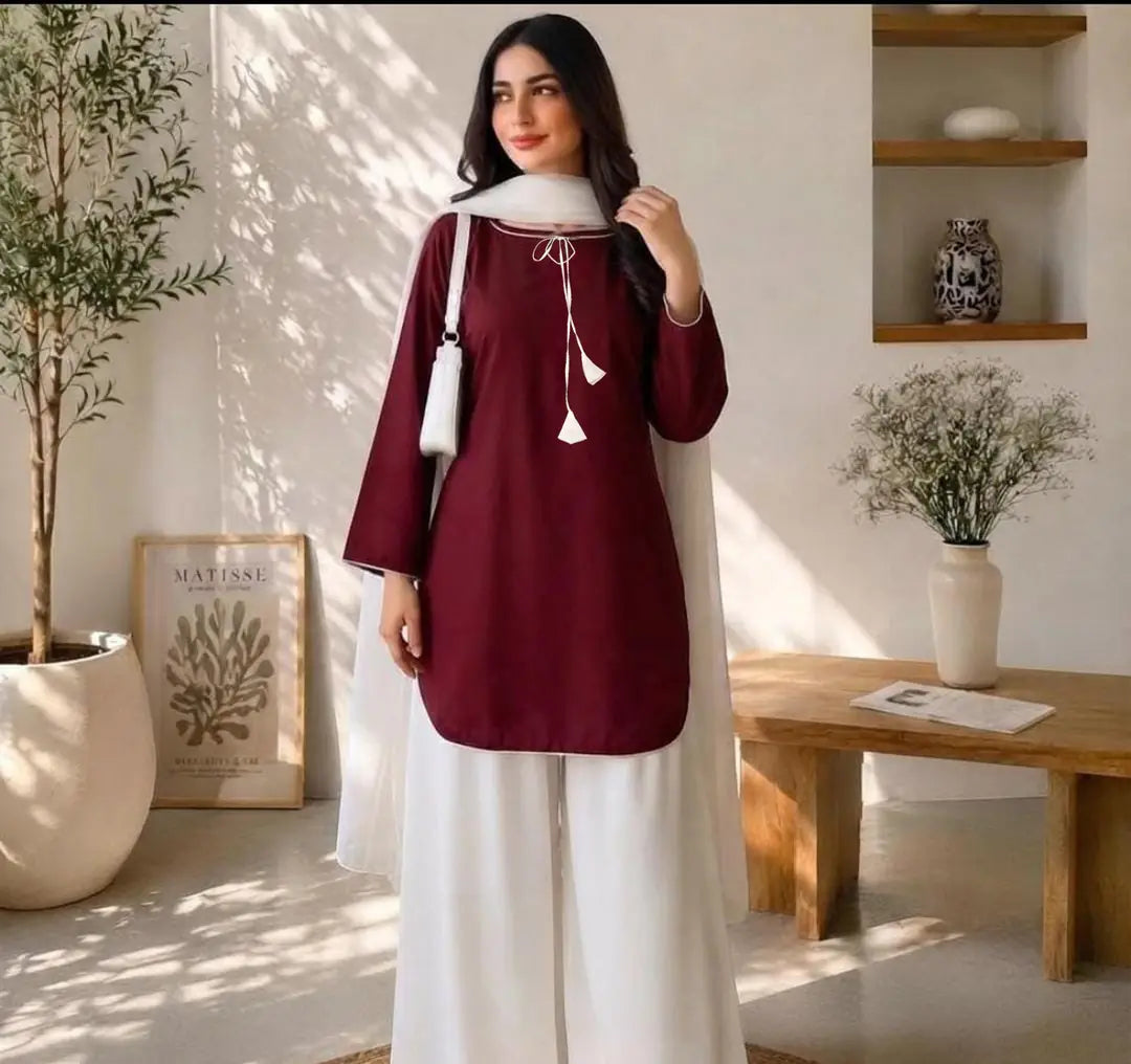 3 Pcs Women's Stitched Cotton Plain Suit