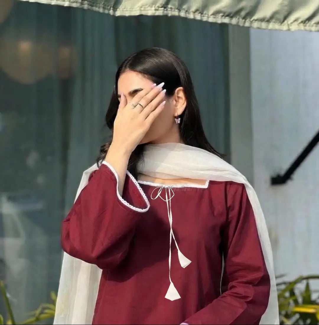 3 Pcs Women's Stitched Cotton Plain Suit