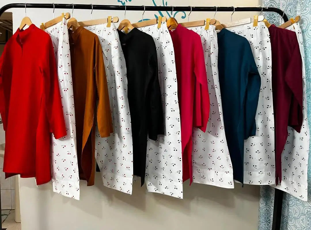 2 Pcs Women's Stitched Cotton Plain Shirt And Trouser