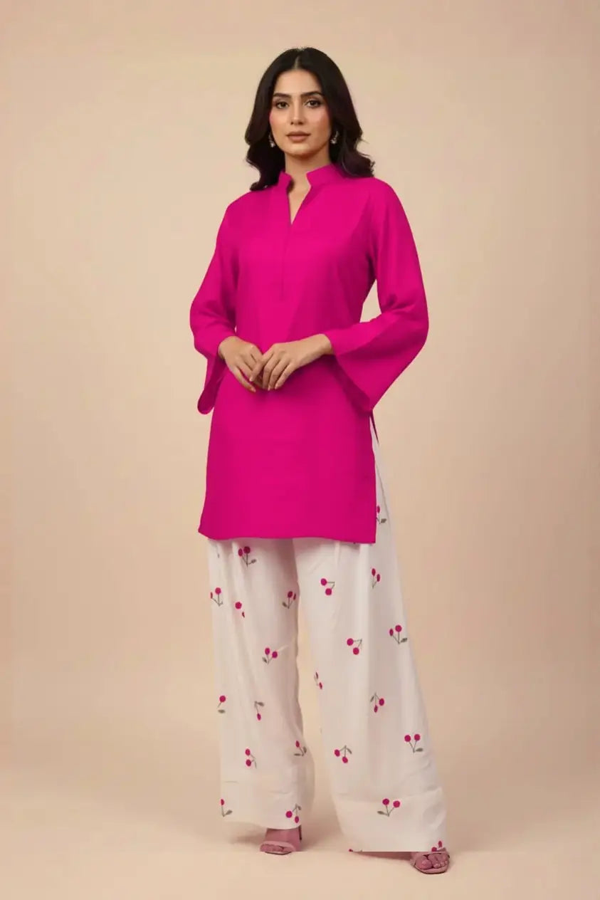 2 Pcs Women's Stitched Cotton Plain Shirt And Trouser