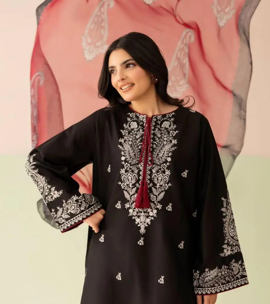 2 Pcs Women's Stitched Cotton Embroidered Shirt And Trouser