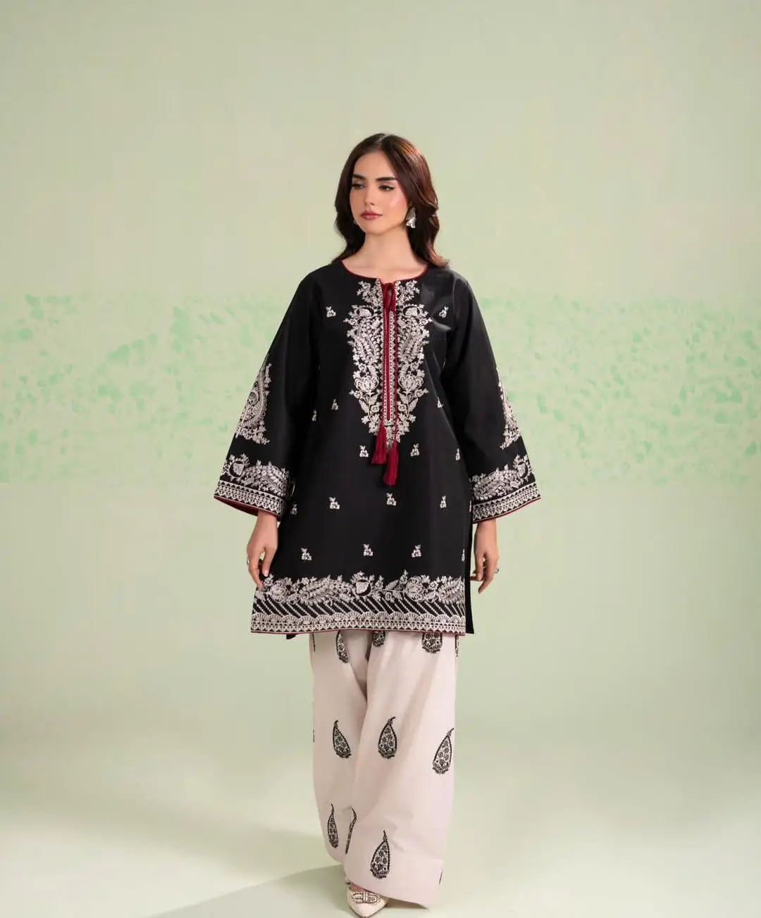 2 Pcs Women's Stitched Cotton Embroidered Shirt And Trouser