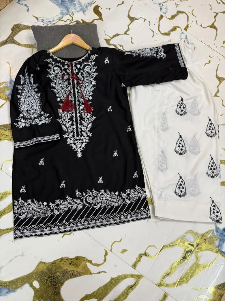 2 Pcs Women's Stitched Cotton Embroidered Shirt And Trouser