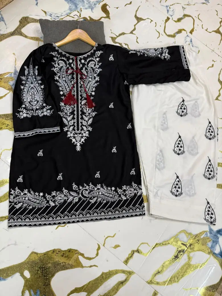 2 Pcs Women's Stitched Cotton Embroidered Shirt And Trouser