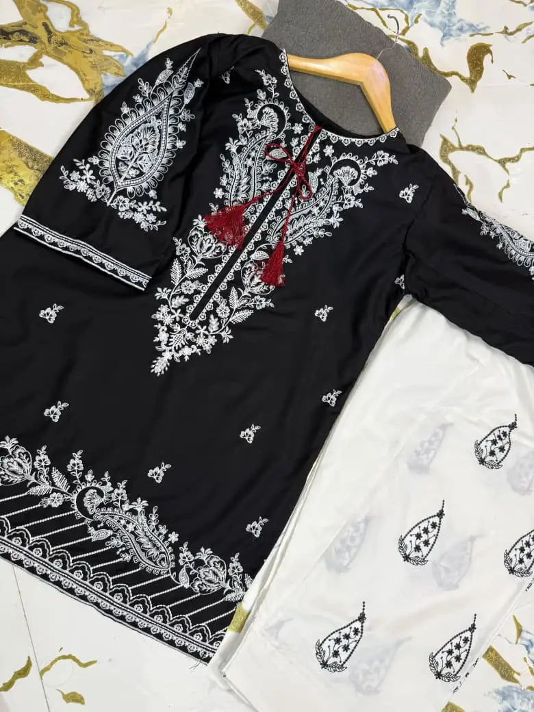 2 Pcs Women's Stitched Cotton Embroidered Shirt And Trouser