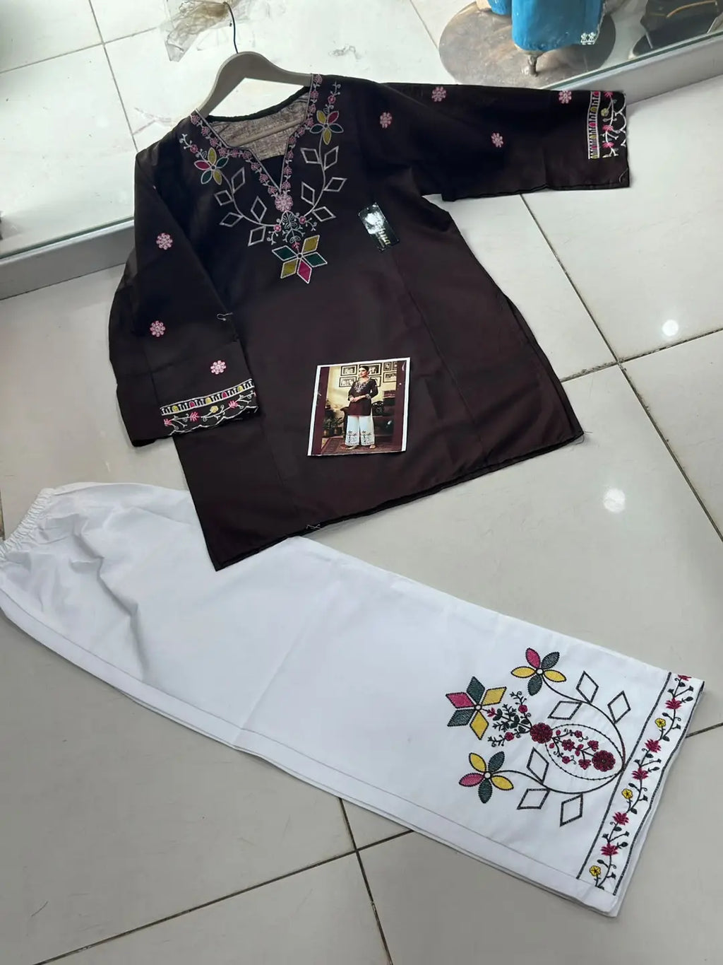 2 Pcs Women's Stitched Cotton Embroidered Shirt And Trouser