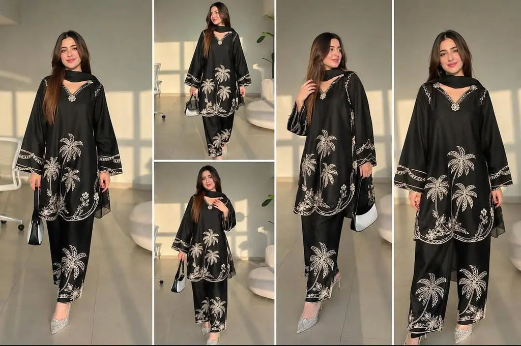 2 Pcs Women's Stitched Cotton Embroidered Shirt And Trouser