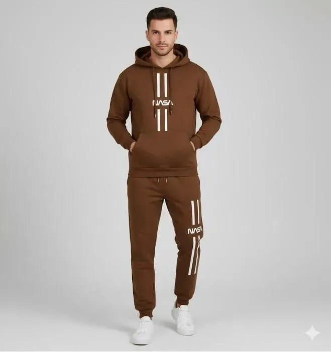 Men Brown NASA Fleece Hoodie Track Suit Set