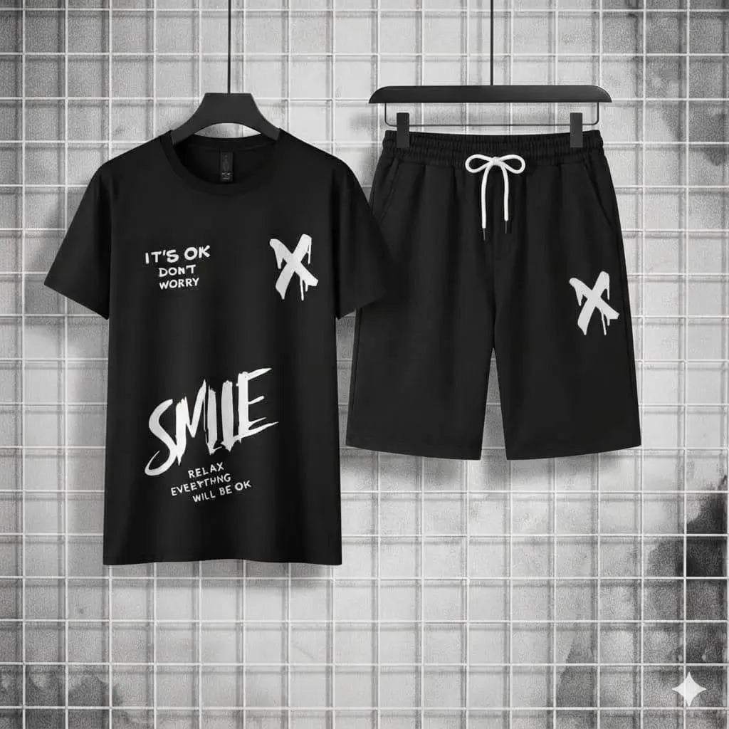 Men Black Printed Track Suit 2Pcs Polyester Summer