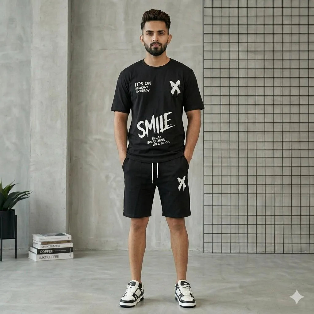 Men Black Printed Track Suit 2Pcs Polyester Summer