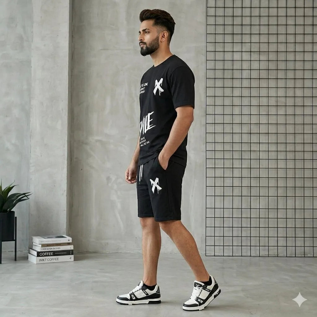 Men Black Printed Track Suit 2Pcs Polyester Summer