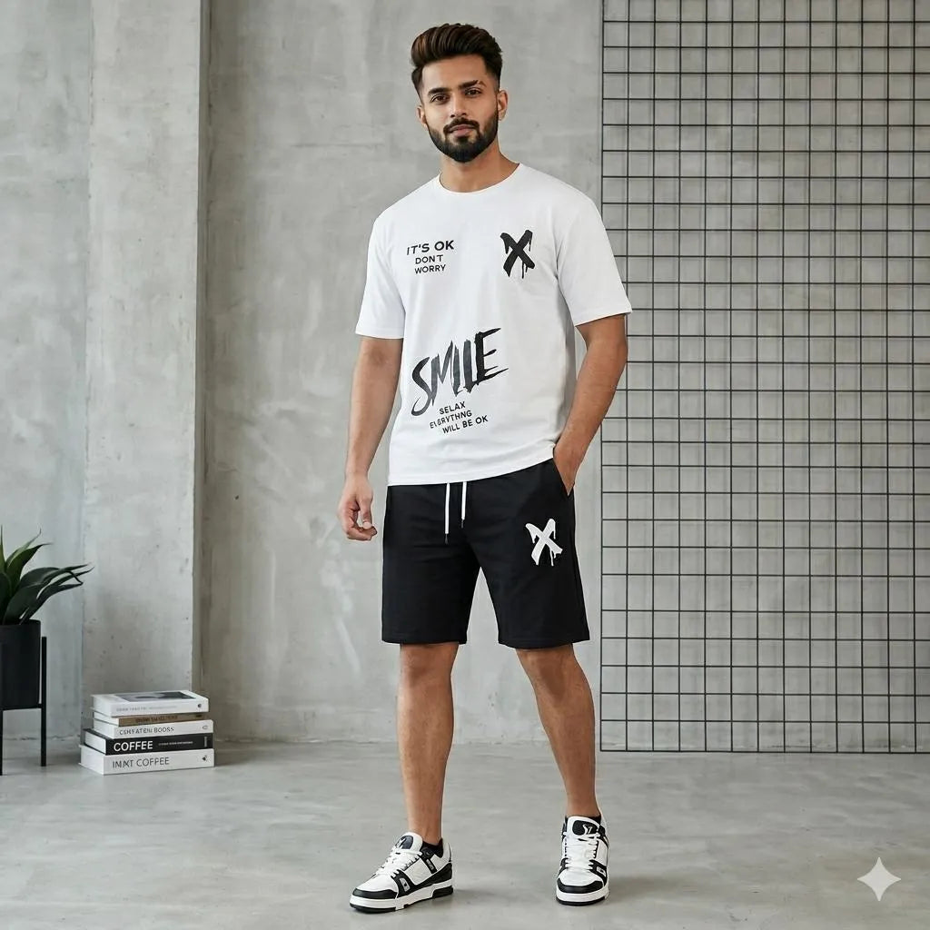Men Graphic Cotton Shorts Set White Black XL