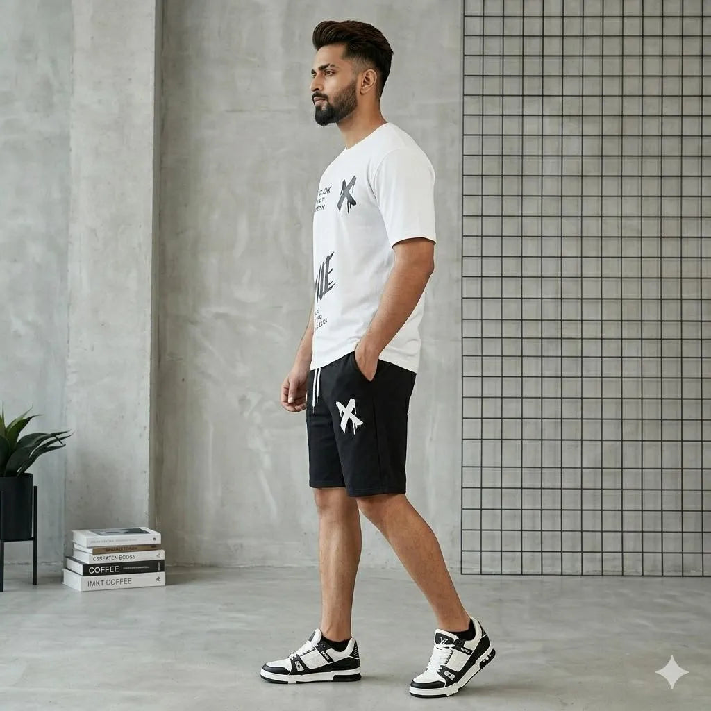 Men Graphic Cotton Shorts Set White Black XL