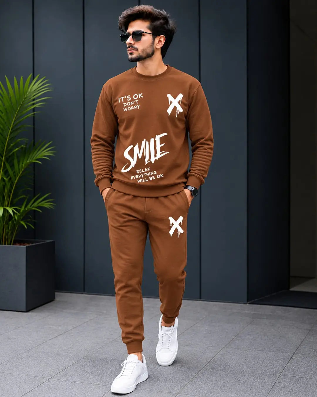 2 Pcs Men's Fleece Printed Sweatshirt Track Suit