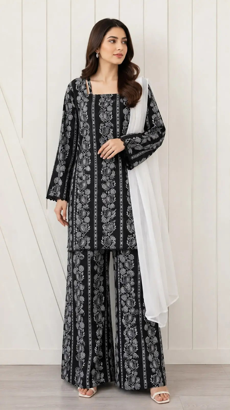 3Pcs Women's Stitched Cotton Lawn Block Printed Suit with Printed Straps
