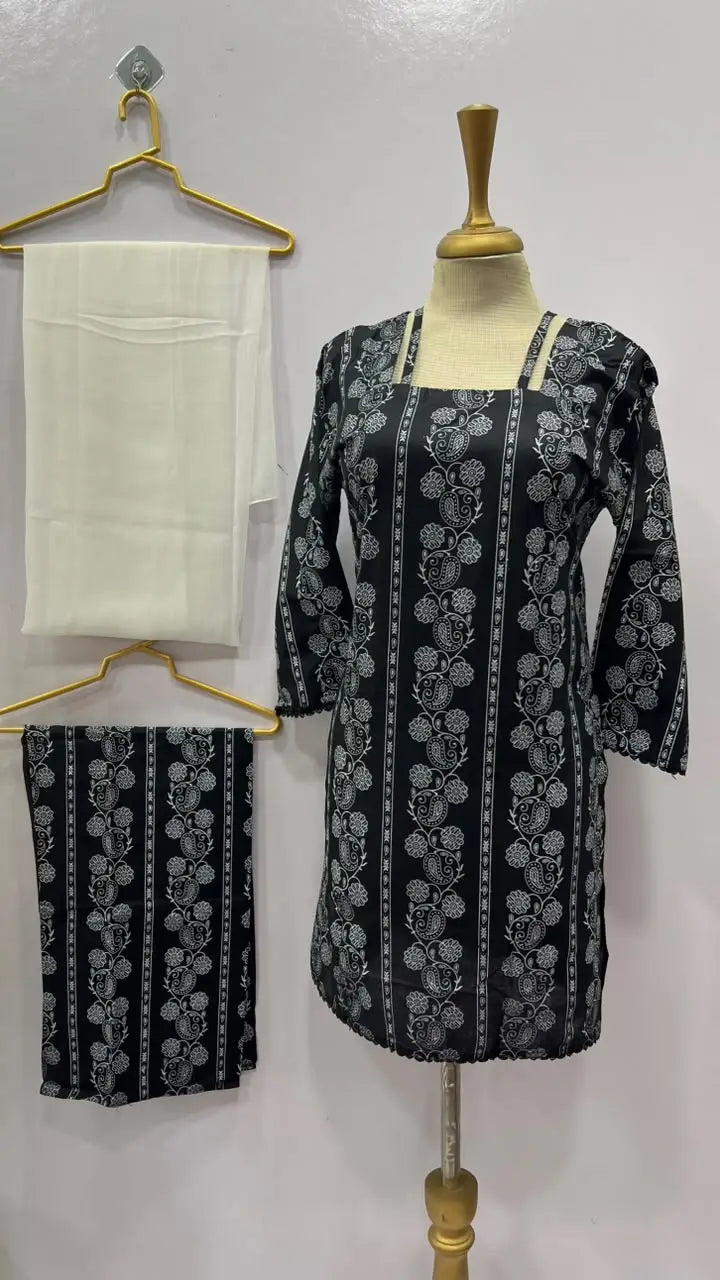 3Pcs Women's Stitched Cotton Lawn Block Printed Suit with Printed Straps