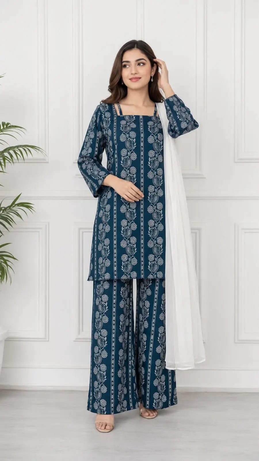 3Pcs Women's Stitched Cotton Lawn Block Printed Suit with Printed Straps