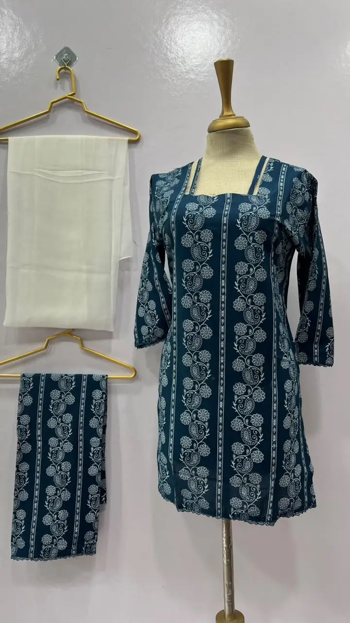 3Pcs Women's Stitched Cotton Lawn Block Printed Suit with Printed Straps