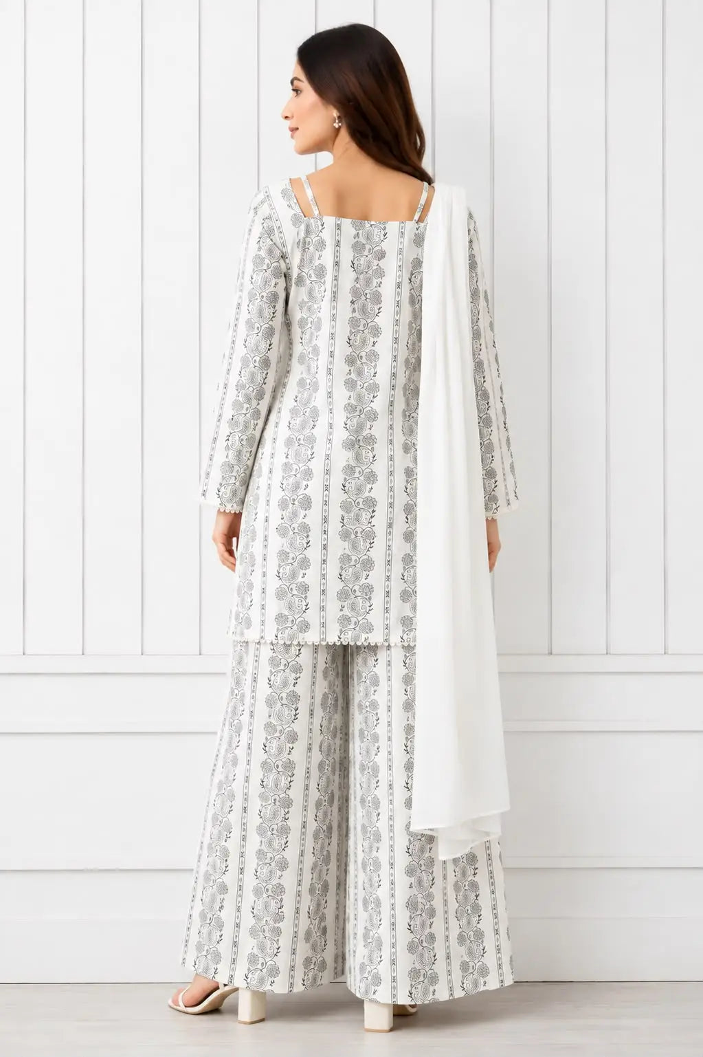 3Pcs Women's Stitched Cotton Lawn Block Printed Suit with Printed Straps