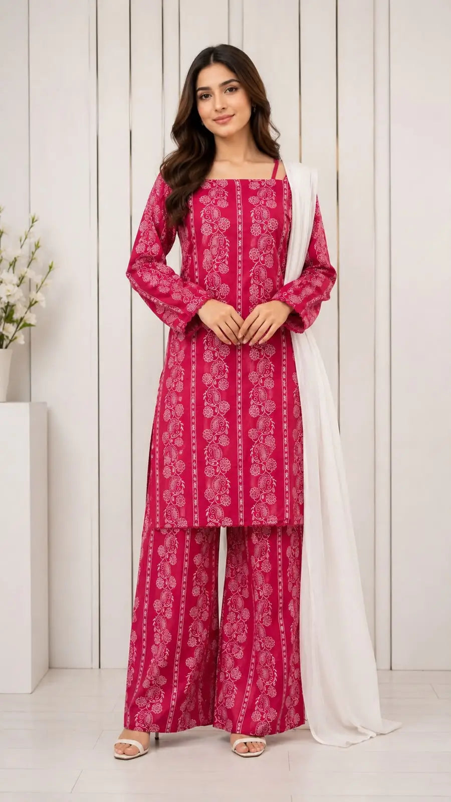 3Pcs Women's Stitched Cotton Lawn Block Printed Suit with Printed Straps