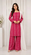 3Pcs Women's Stitched Cotton Lawn Block Printed Suit with Printed Straps