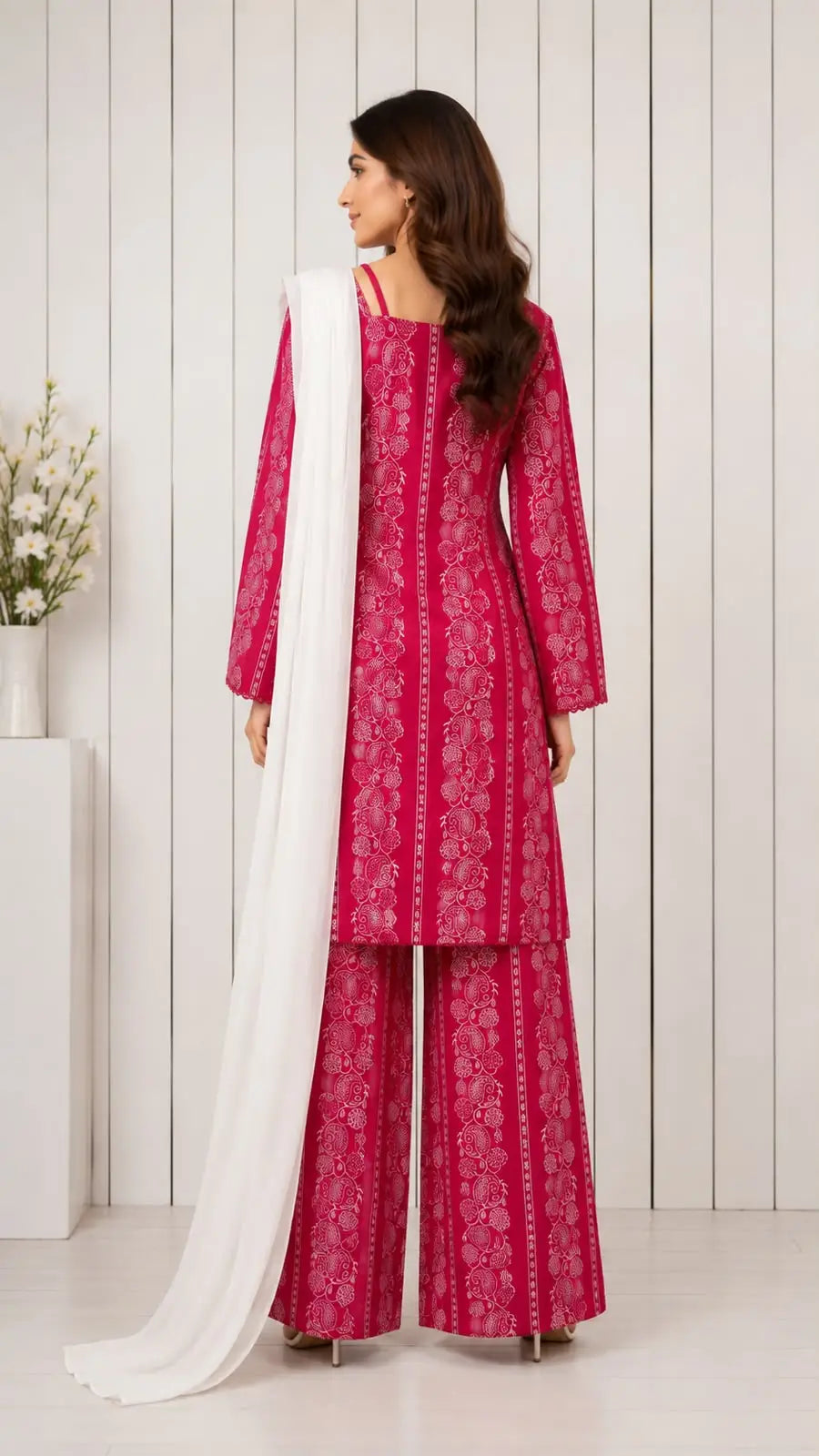 3Pcs Women's Stitched Cotton Lawn Block Printed Suit with Printed Straps