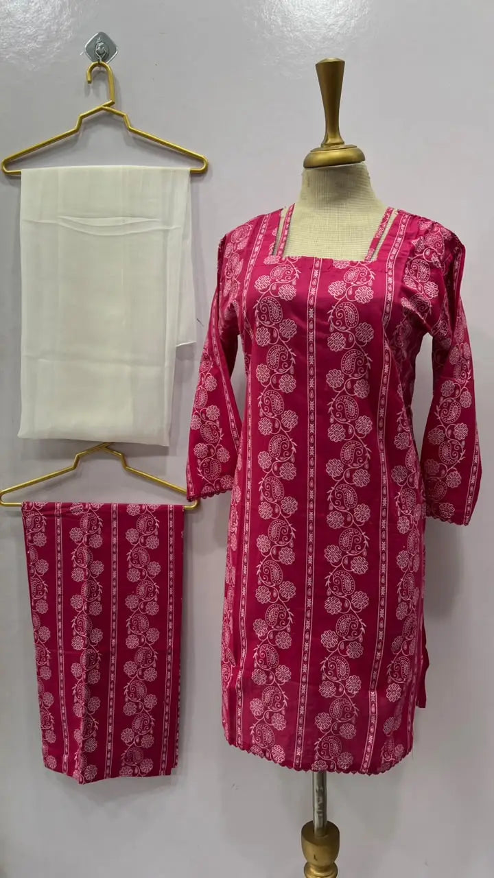3Pcs Women's Stitched Cotton Lawn Block Printed Suit with Printed Straps