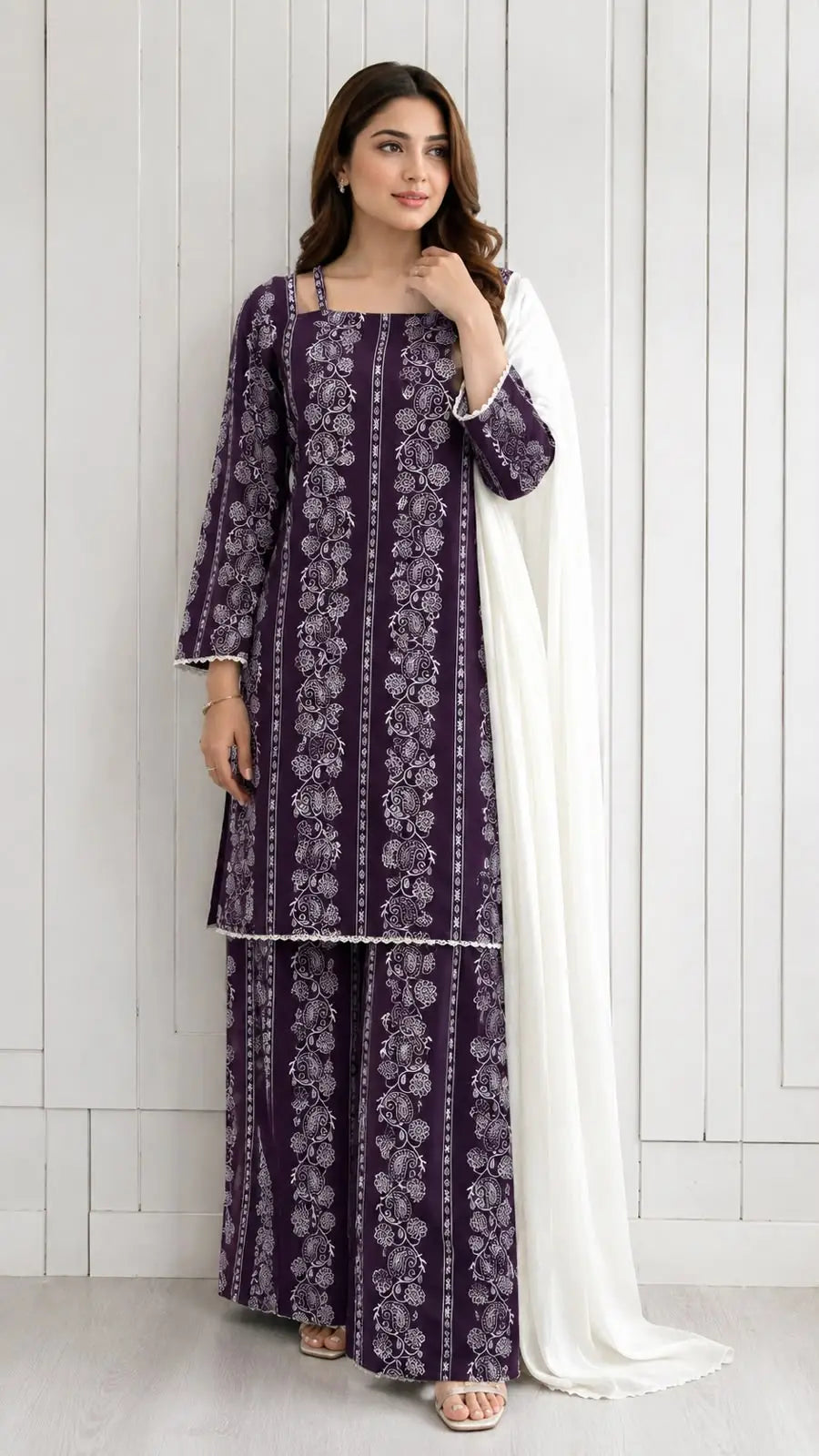 3Pcs Women's Stitched Cotton Lawn Block Printed Suit with Printed Straps