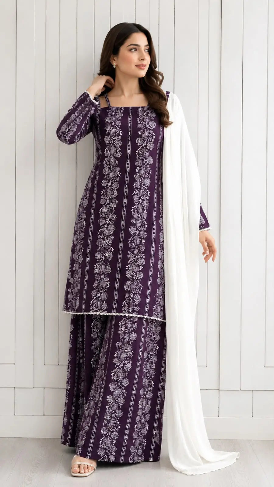 3Pcs Women's Stitched Cotton Lawn Block Printed Suit with Printed Straps