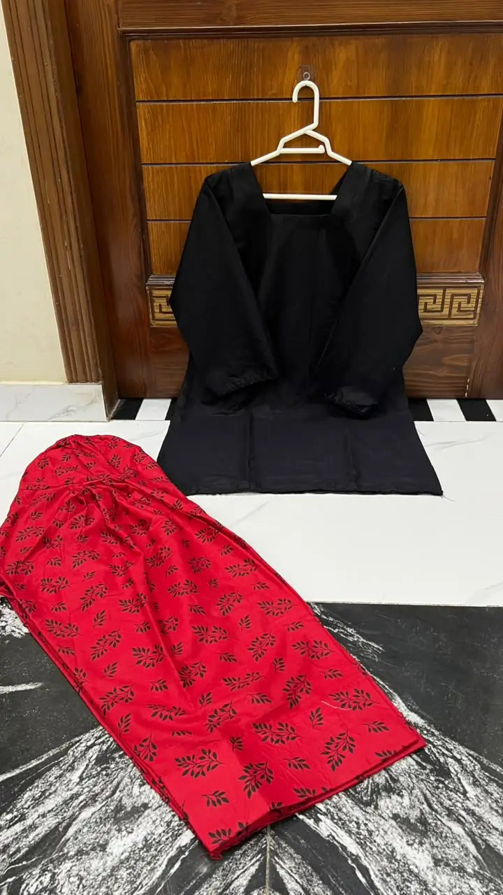 3 Pcs Women's Stitched Cotton Printed Suit with Farshi Shalwar and Dupatta