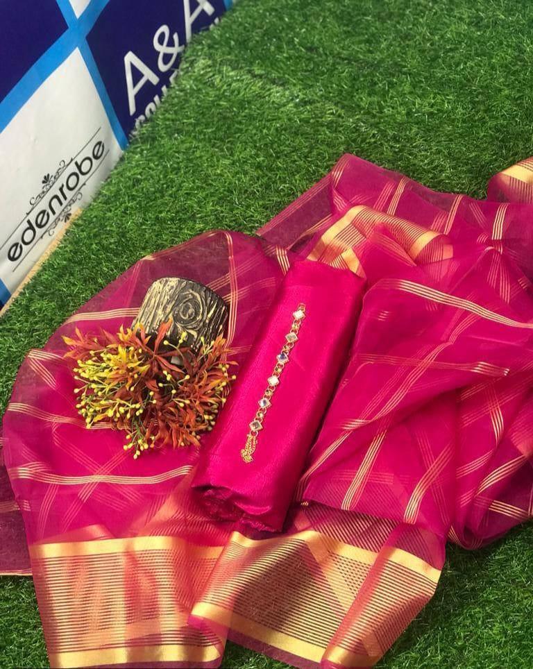 Pink Katan Silk 3-Piece Suit with Zari Border
